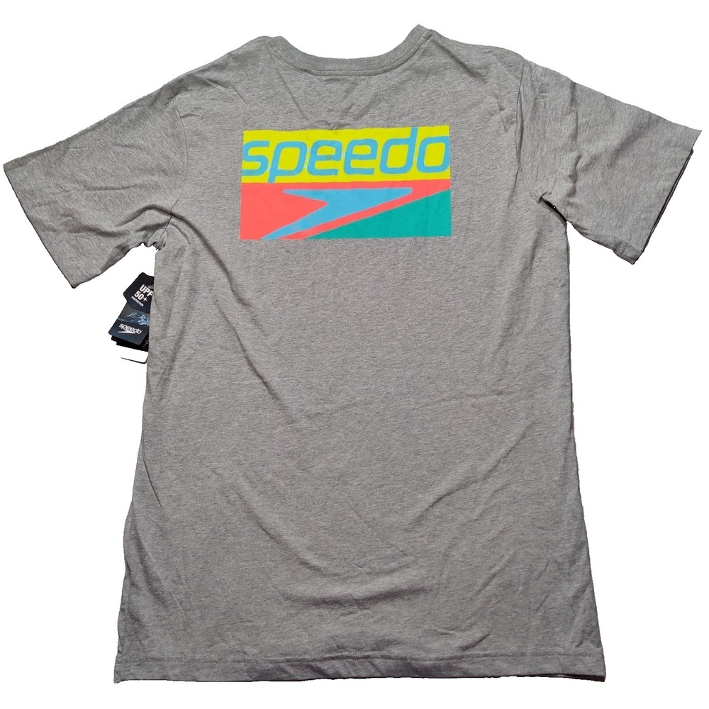 SPEEDO Men Large Light Heather Gray Double-Sided Graphic‎ Pocket T-Shirt NEW